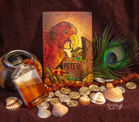 Peter- a ~postcard sized badge, lines burned on wood, painted with acrylics