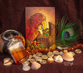 Peter- a ~postcard sized badge, lines burned on wood, painted with acrylics